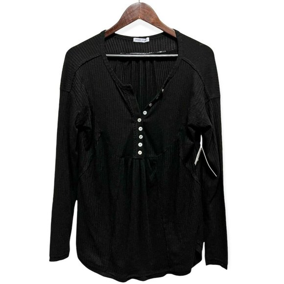 Sweet Romeo Women's Size M Henley Neck Long Sleeve Ribbed Uneven Top Tunic Black - Picture 1 of 9